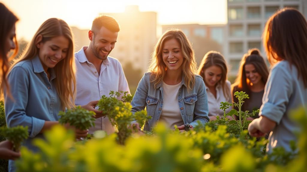 Grupo diverso de profesionales de oficina felices colaborando en un huerto urbano corporativo en la azotea, cosechando vegetales frescos.