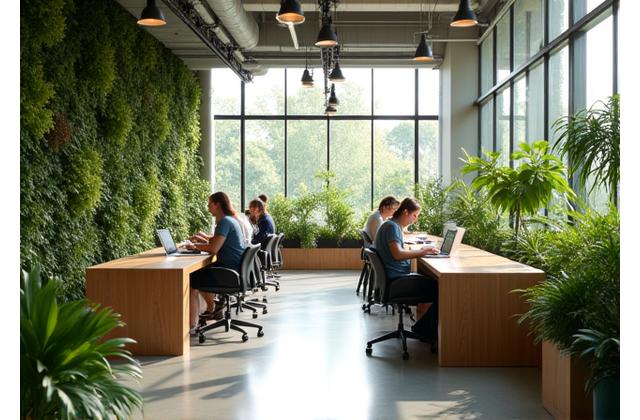 Diseño de oficina moderna con abundante vegetación, luz natural, estaciones de agua filtrada y espacios colaborativos, simbolizando una 'oficina verde'.