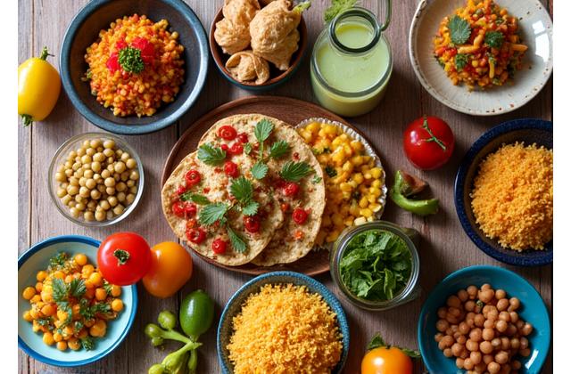 Mesa colorida llena de platillos plant-based inspirados en la cocina mexicana, como tacos de jamaica, ensaladas de nopal y aguas frescas.
