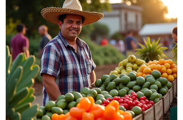 Agricultor mexicano local vendiendo productos frescos y orgánicos en un mercado, con el nopal, aguacate y otras frutas y verduras de temporada.