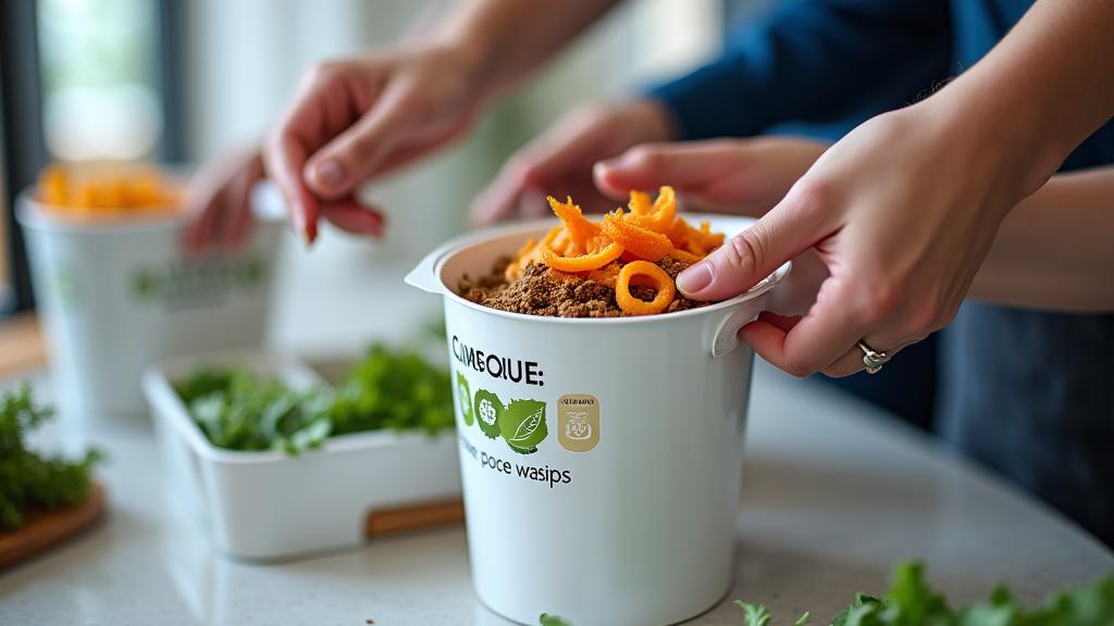 Manos humanas separando residuos orgánicos en contenedores de compostaje en un entorno de oficina moderna.