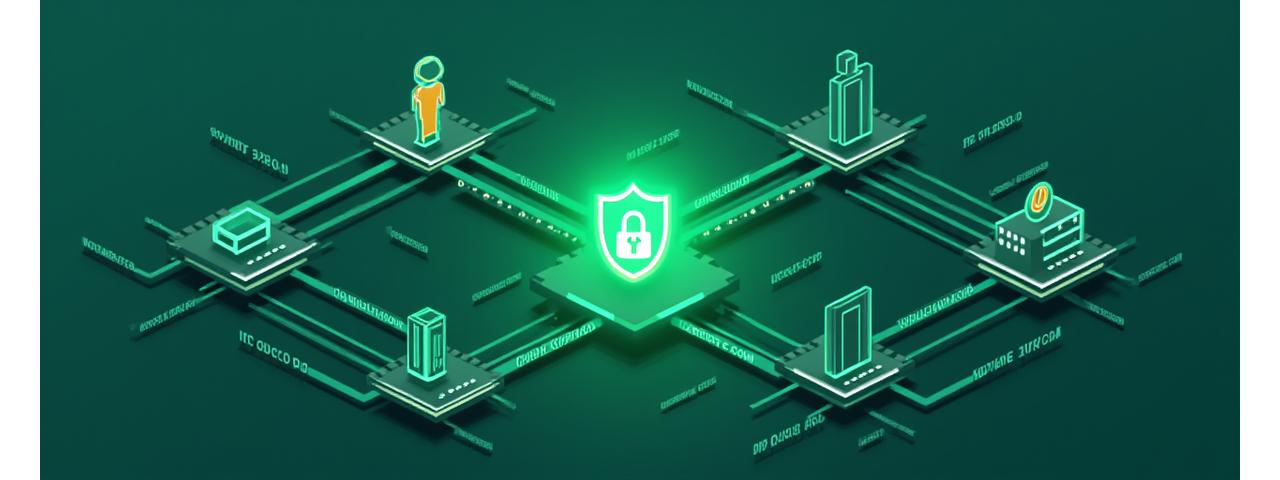 Ilustración conceptual de un flujo de datos seguro, mostrando iconos de personas y empresas conectadas por líneas encriptadas y un escudo de seguridad central. Paleta de colores verde azulado y gris.