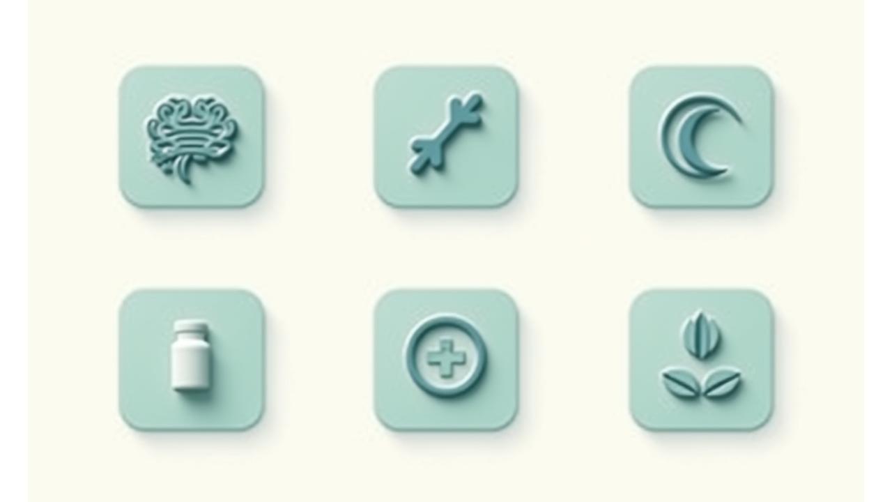 Seis iconos representando diferentes especialidades nutricionales (cerebro con rayo, luna, pesa, pastillero, símbolo femenino, hoja) dispuestos en una cuadrícula con fondo moderno y limpio