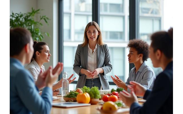 Grupo de empleados participando activamente en un taller de nutrición liderado por un nutriólogo, con gráficos visuales y frutas frescas en la mesa
