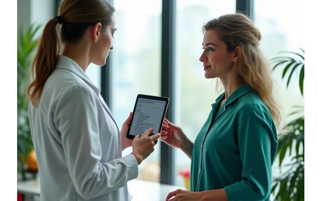Nutrióloga realizando una consulta presencial con un empleado en una oficina moderna, usando herramientas de medición