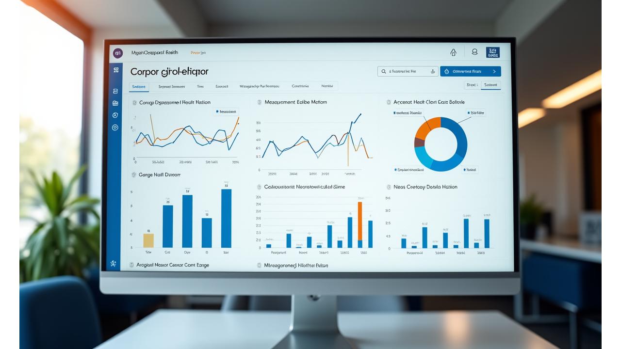 Dashboard interactivo con diferentes gráficos (barras, líneas, círculos) mostrando métricas de salud corporativa como reducción de ausentismo, aumento de productividad y ahorro en costos de salud