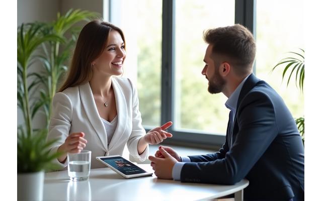 Nutrióloga profesional asesorando a un empleado en un ambiente de oficina moderno y luminoso