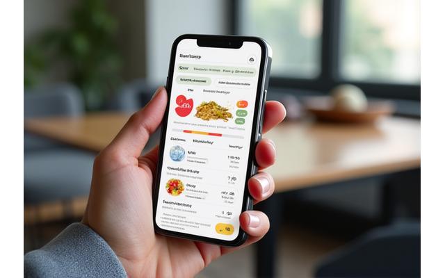 Captura de pantalla de una aplicación móvil de seguimiento nutricional con gráficos de progreso, recomendaciones de comidas y recordatorios personalizables