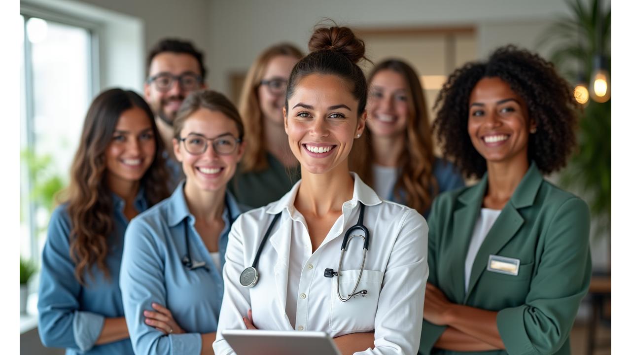 Equipo de Coyoacán Roots sonriendo y listo para atender. Una nutricionista en primer plano con una tableta, simbolizando accesibilidad y servicio personalizado.
