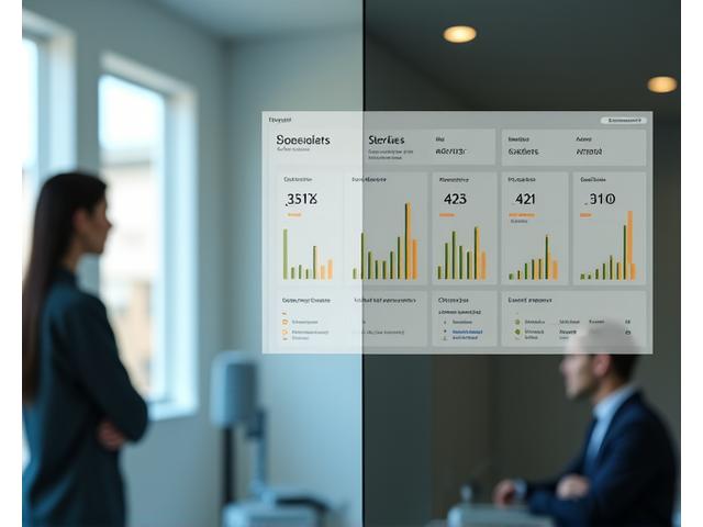 Gráfico de antes y después mostrando la transformación de un ejecutivo de estresado a saludable, con métricas de bienestar mejoradas en un dashboard digital.