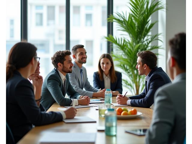 Profesionales corporativos colaborando en un entorno de oficina moderno y saludable