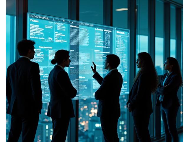 Equipo de finanzas colaborando con energía en una oficina de alta tecnología