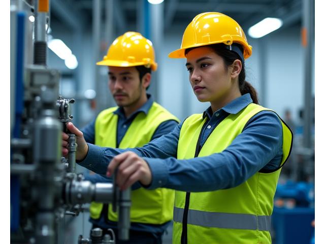 Trabajadores de manufactura activos y seguros en una planta moderna y limpia