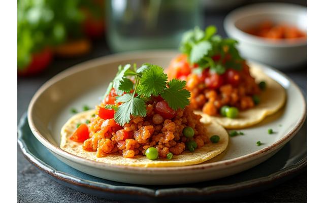 Platillos mexicanos saludables y coloridos, como unos sopes de nopal o chilaquiles con pollo y aguacate, servidos de forma atractiva.
