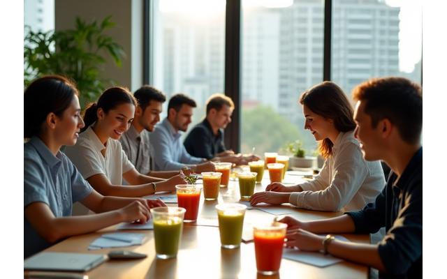 Empleados energizados y concentrados trabajando en una oficina moderna, con opciones de alimentos saludables visibles en sus escritorios.