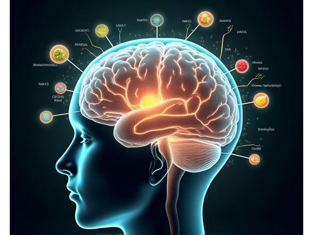 Ilustración detallada de un cerebro humano superpuesto con gráficos que muestran el impacto de nutrientes específicos en neurotransmisores y hormonas del estrés.