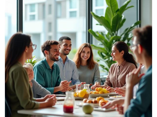 Un equipo diverso de profesionales en una oficina moderna, participando en una actividad de grupo saludable, con un ambiente colaborativo y relajado.
