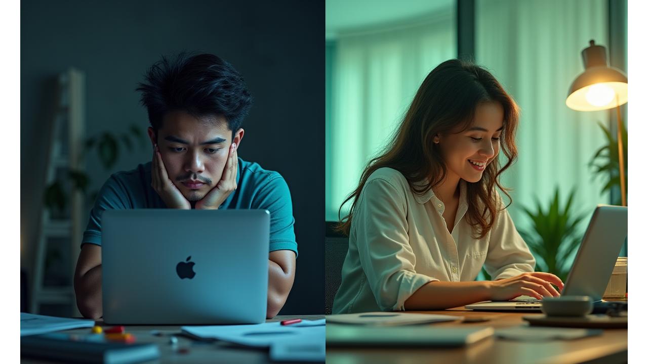 Imagen de un trabajador visiblemente estresado, ojos cansados frente a una laptop, con indicadores de fatiga, contrastando con una imagen de un profesional sonriente y energizado en un entorno de oficina moderno.