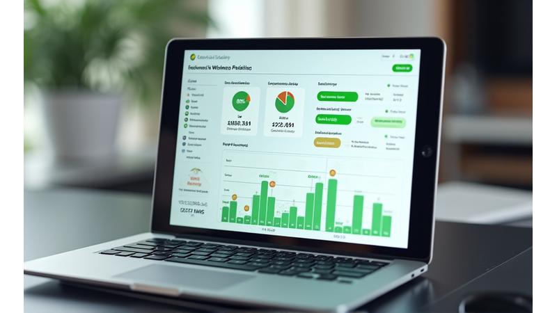 Interfaz de aplicación o dashboard en una tableta mostrando gráficos de barras y líneas con métricas de bienestar como niveles de energía, calidad de sueño y estrés, en un entorno de oficina.
