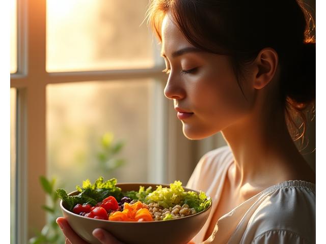 Una persona en un estado de calma y recuperación, disfrutando de una comida nutritiva y equilibrada, con colores suaves y un ambiente sereno.