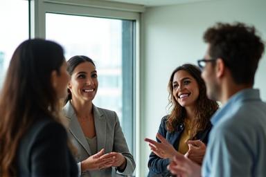 Personas comunicándose en un entorno corporativo, representando la estrategia de comunicación.