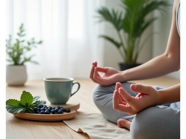 Persona meditando pacíficamente con un tazón de frutas y verduras frescas al lado, simbolizando el alivio del estrés a través de la nutrición.