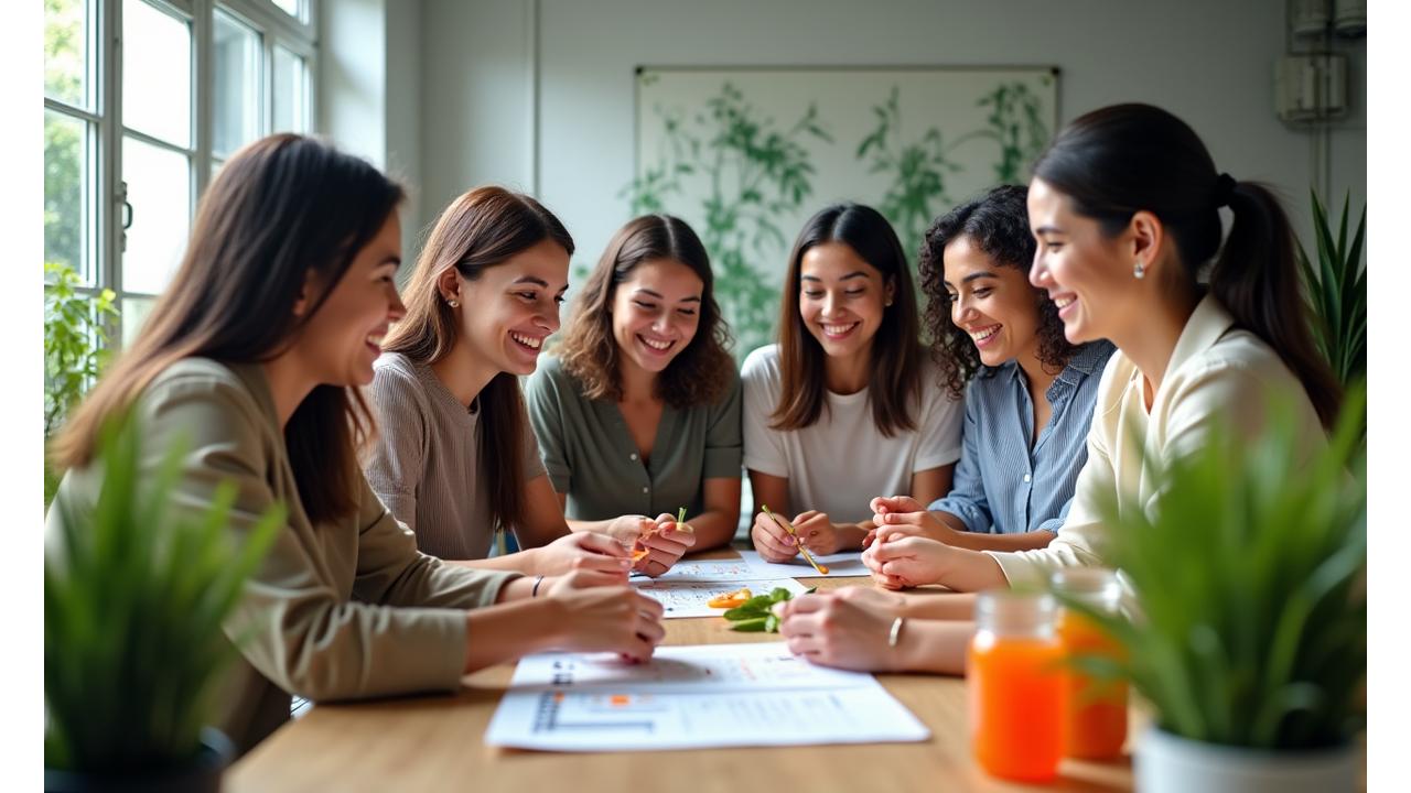 Grupo diverso de empleados participando activamente en un taller de nutrición interactivo, riendo y conversando en un ambiente de oficina moderno y luminoso.