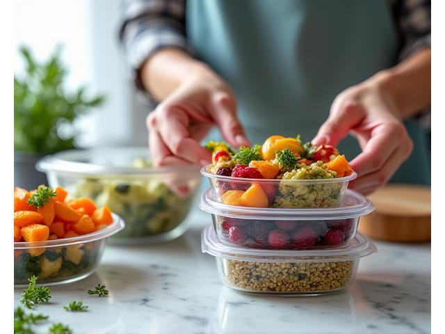 Manos preparando comida en recipientes organizados, con vegetales frescos en una cocina moderna.