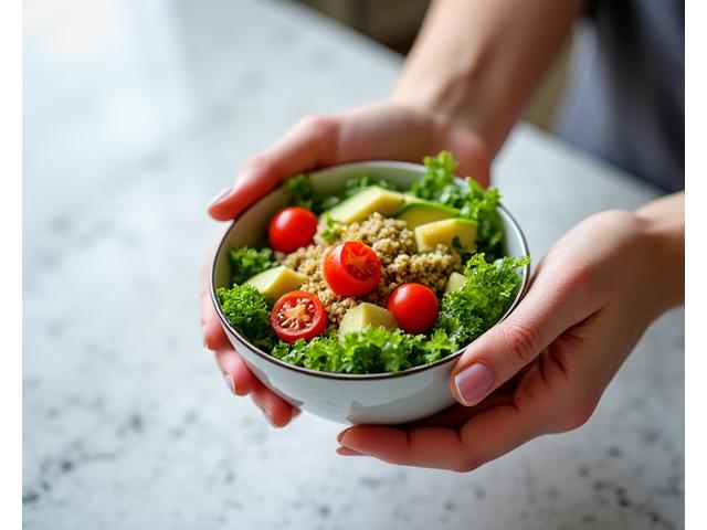 Manos sosteniendo un tazón de ensalada fresca, enfocadas en la comida con atención plena.
