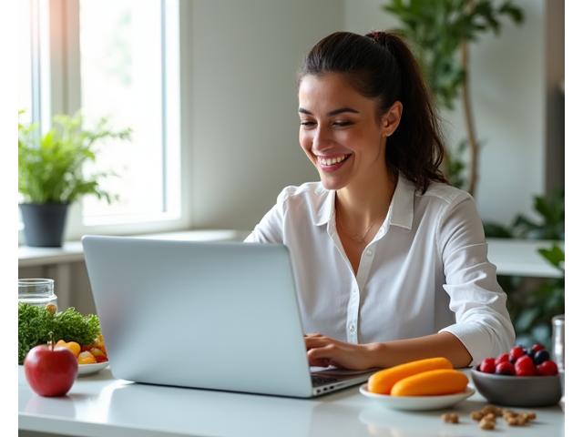 Profesional sonriendo y trabajando en una laptop con alimentos saludables en su escritorio, simbolizando nutrición para el alto rendimiento.