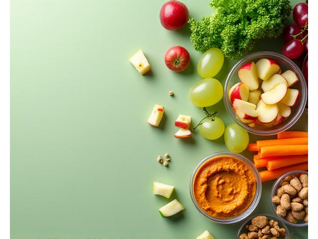 Variedad de snacks saludables y coloridos dispuestos en pequeñas porciones en un ambiente de oficina.