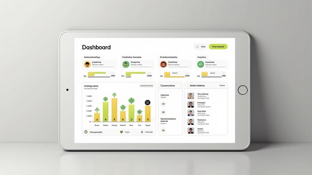Visualización de un dashboard de gamificación con barras de progreso, iconos de trofeos, insignias y una tabla de clasificación de equipo, todo en un diseño limpio y moderno.
