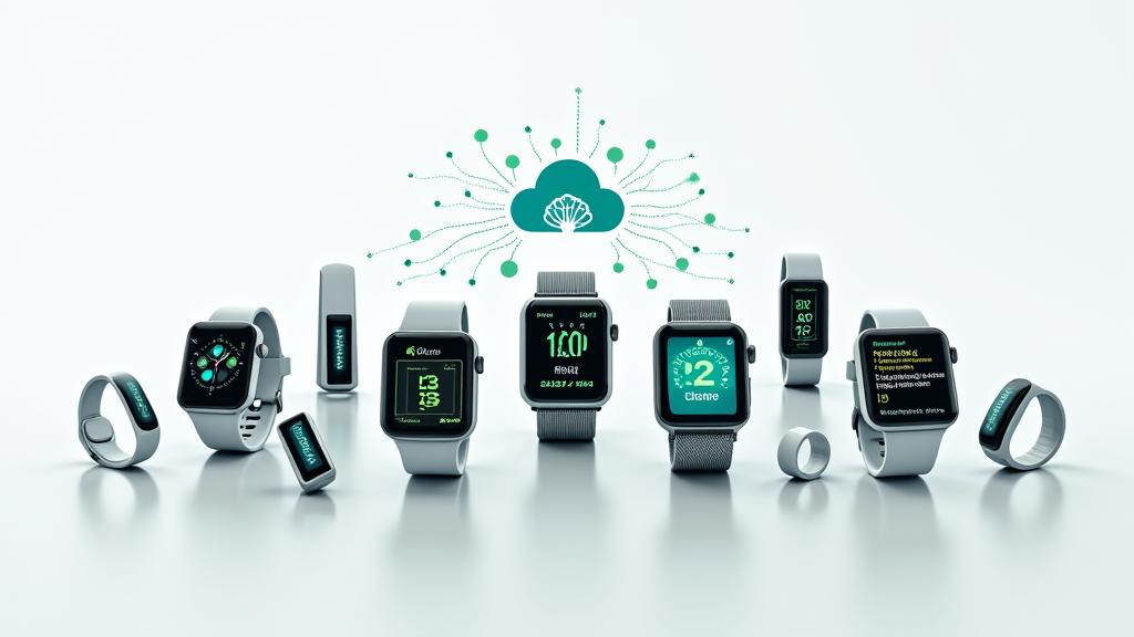Un collage de diferentes dispositivos wearables como smartwatches, pulseras de actividad y auriculares, conectados digitalmente, simbolizando la compatibilidad y la recolección de datos de salud.