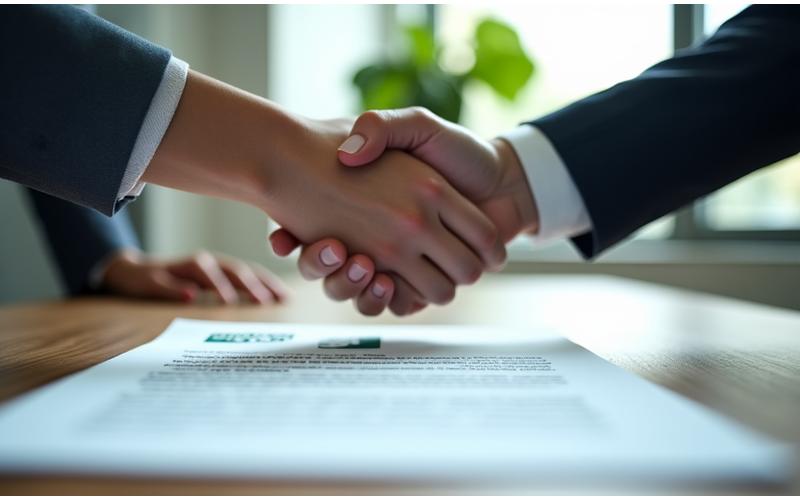 Dos manos estrechándose sobre un documento con un logo corporativo, simbolizando un acuerdo profesional de servicios de bienestar