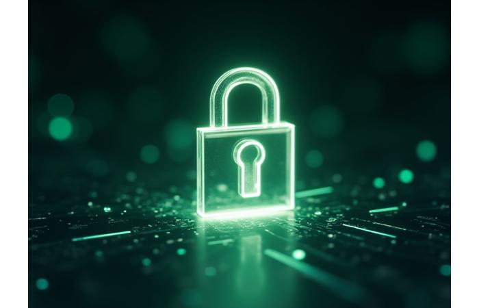 Cerradura brillante en una pantalla digital con datos y gráficos detrás, simbolizando la seguridad y confidencialidad de la información empresarial