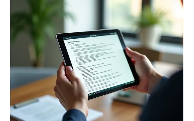 Persona leyendo información legal en una tableta con un ambiente verde y profesional