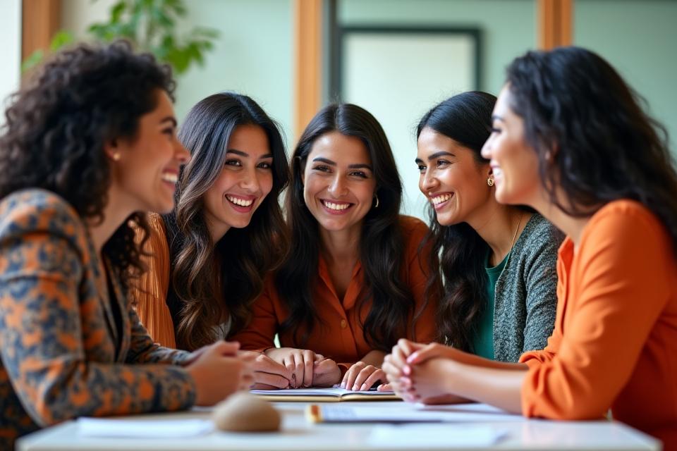 Un grupo de diversas mujeres mexicanas profesionales, en un entorno de oficina moderno con detalles culturales sutiles, sonriendo y colaborando, proyectando empoderamiento.