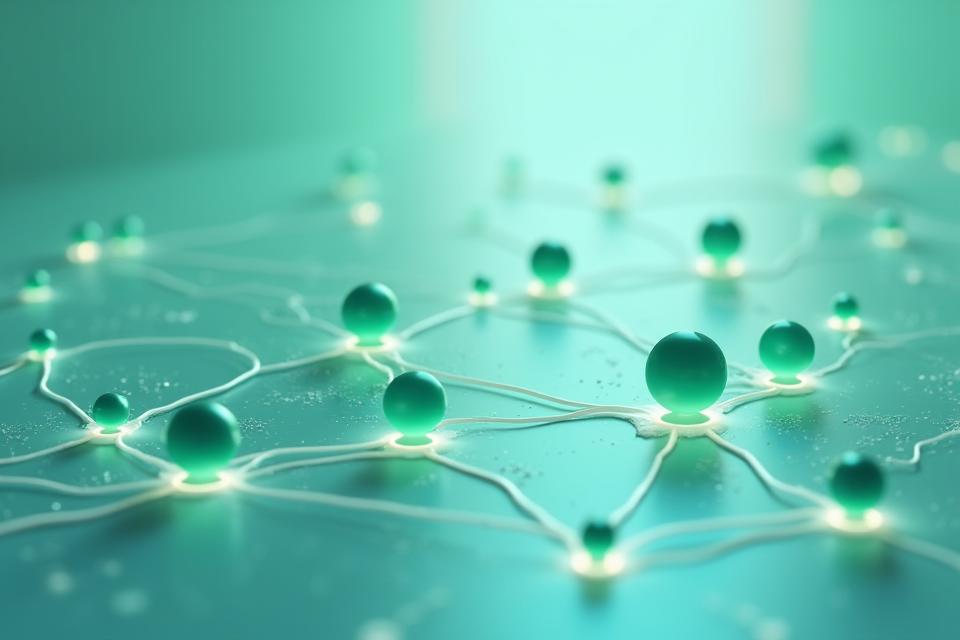 Diagrama abstracto mostrando la interconexión de hormonas femeninas con el cerebro y un icono de productividad, sobre un fondo de oficina moderna.