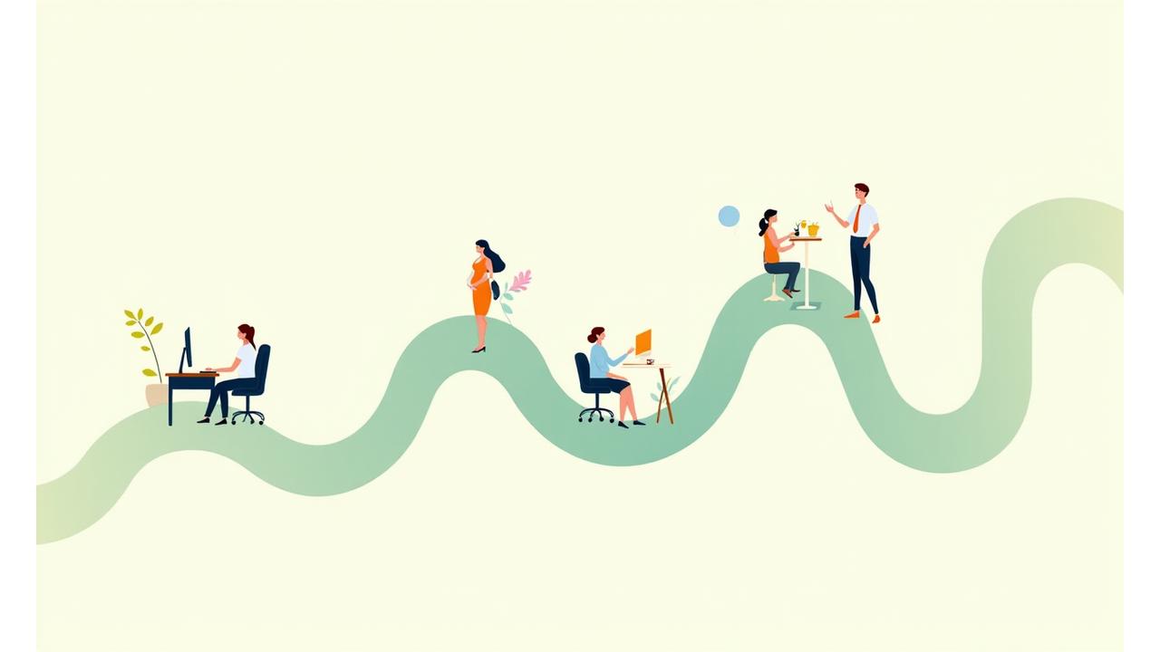 Ilustración de un camino de vida con iconos que representan diferentes etapas femeninas: una joven profesional, una madre embarazada, una mujer en la menopausia, todas integradas armónicamente en un entorno corporativo.