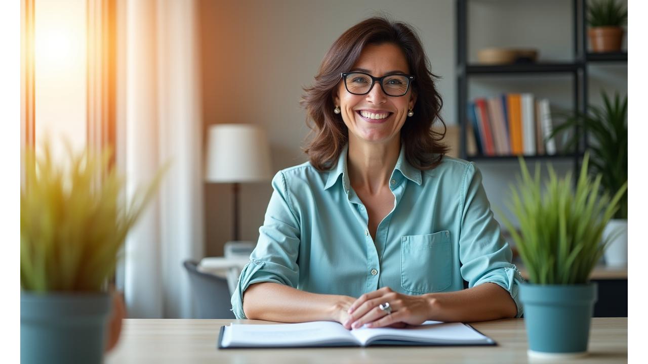 Una mujer ejecutiva madura sonriendo en una oficina luminosa, rodeada de plantas y con un ambiente de calma, simbolizando bienestar durante la menopausia en el trabajo.