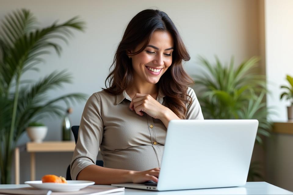 Una mujer embarazada en una videollamada de trabajo, con una taza de té de hierbas a su lado, simbolizando el equilibrio entre la maternidad y la carrera.