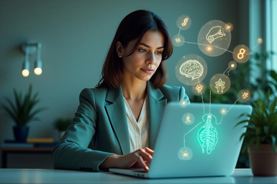 Una mujer ejecutiva concentrada en su laptop, con sutiles iconos flotando alrededor representando el ciclo hormonal, bienestar y salud ósea.