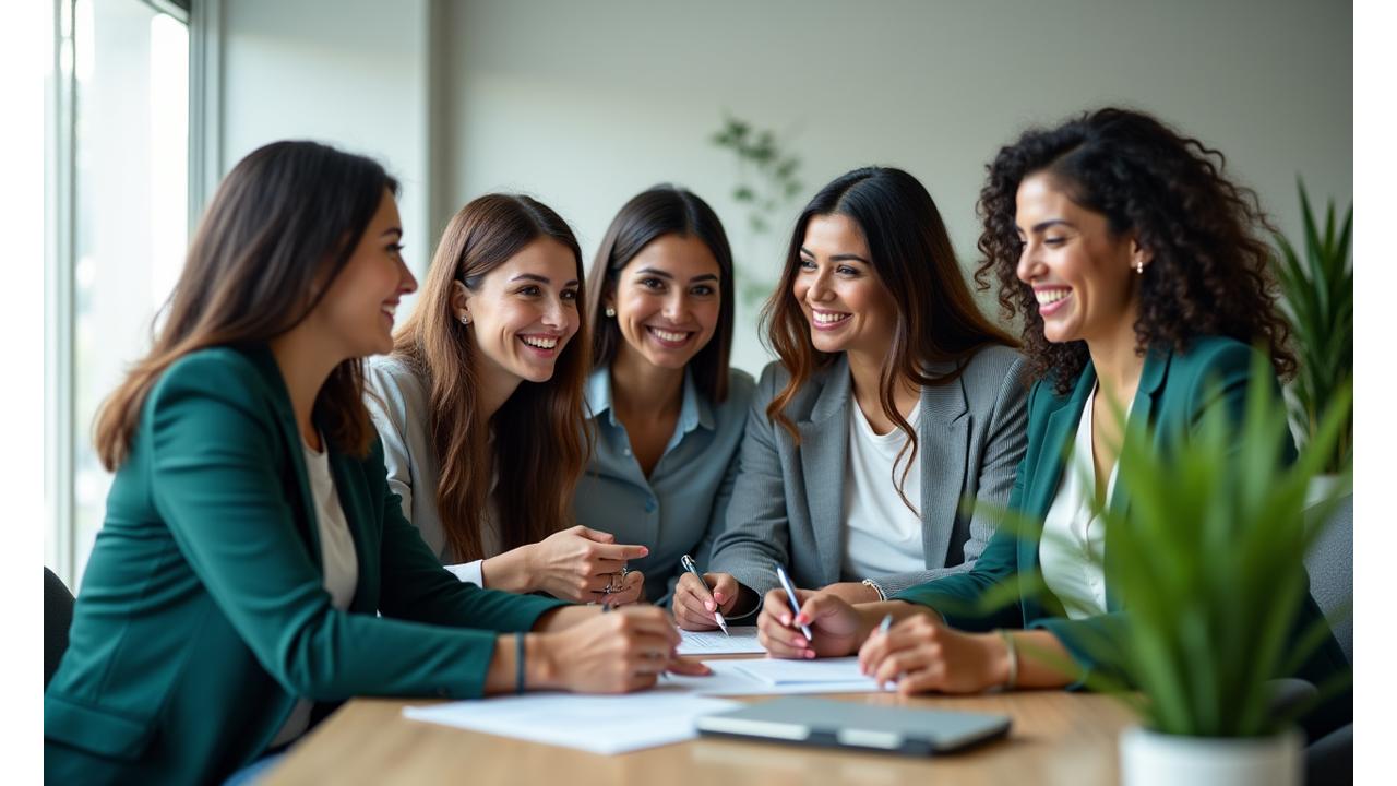 Un grupo diverso de mujeres profesionales sonrientes y colaborando en un espacio de trabajo moderno, con enfoque en bienestar y equilibrio.